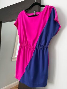 Aqua Pink and Blue Colorblock Elastic Waist Dress